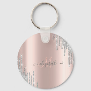Moderne Silver Glitzer Tropfen Rose Gold Monogram Schlüsselanhänger