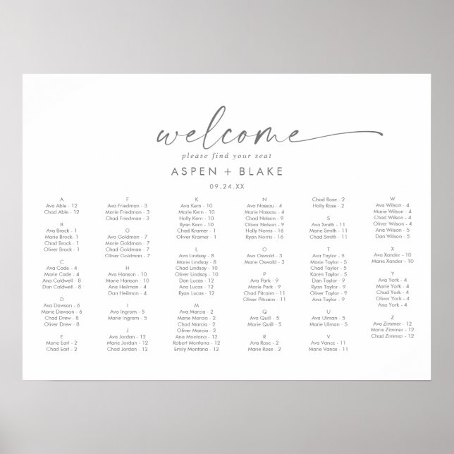 Moderne Silver Horizontal Alphabetische Sitzplätze Poster (Vorne)