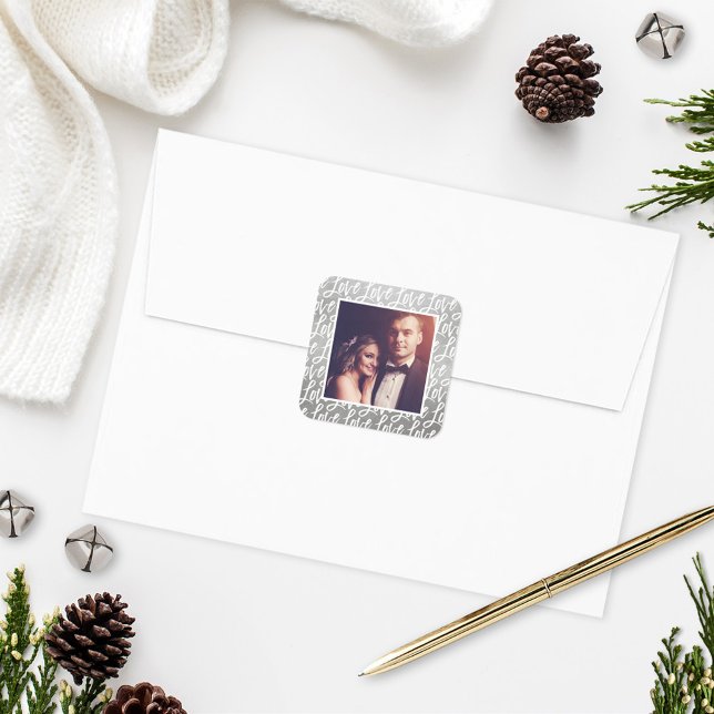 Moderne Silver Liebe in Script Wedding Foto Quadratischer Aufkleber (Von Creator hochgeladen)