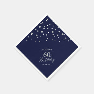 Moderne Silver & Navy Blue 60. Geburtstagsparty Serviette