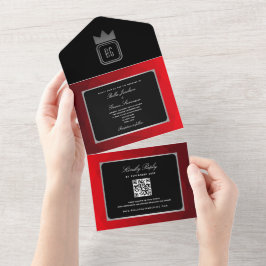 Moderne Silver Red Black Monogram Wedite All In One Einladung