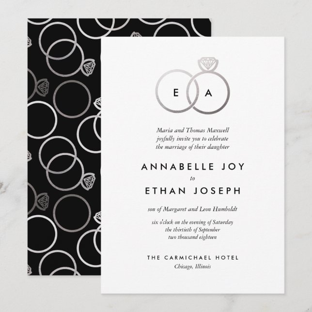 Moderne Silver Rings Hochzeitsfeier Einladung (Vorne/Hinten)