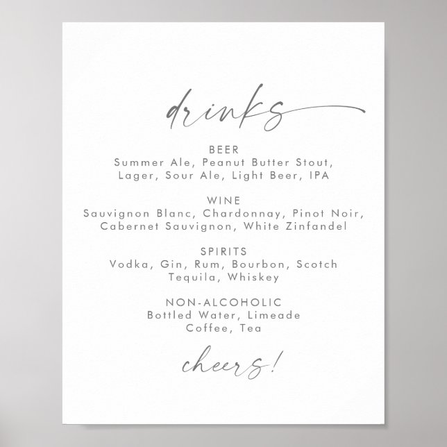 Moderne Silver Script Wedding Drinks Menü Signatur Poster (Vorne)