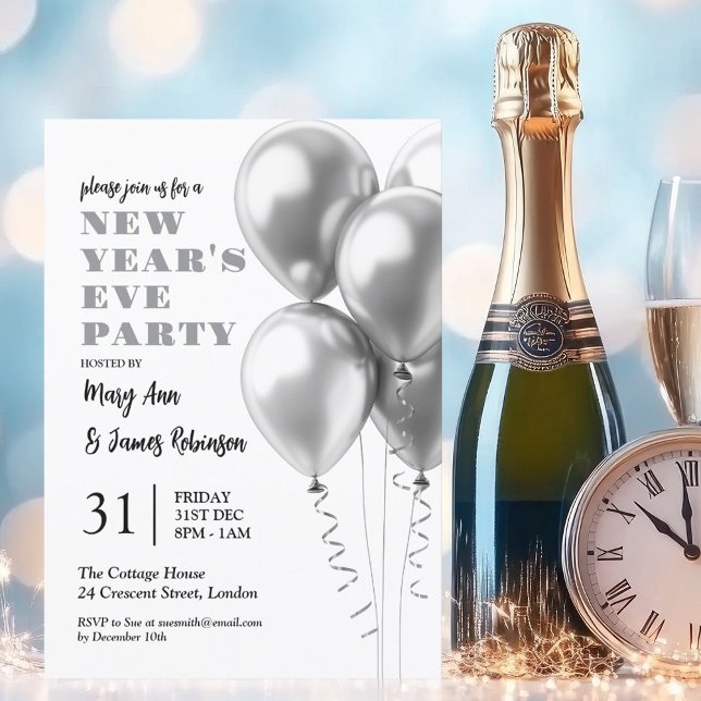 MODERNE Silvester Feier Silberballons Einladung (MODERN New Years Eve Celebration Silver Balloons Invitation)