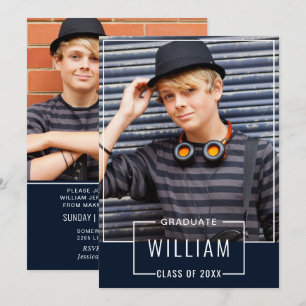 Moderne Simple Navy 2 FOTO Graduation Party Einladung
