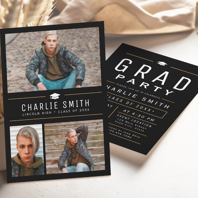 Moderne Simple Typografy 3 Foto Graduation Party Einladung (Modern Simple Typography 3 Photo Graduation Party Invitation)