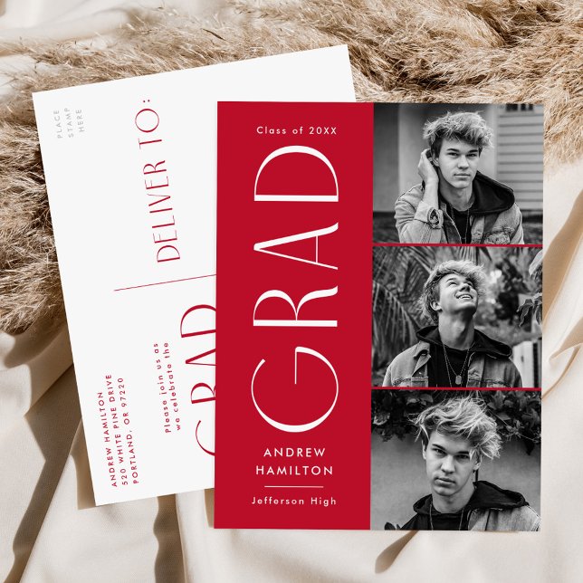 Moderne Simplizität Red 3 Foto Graduation Party Einladungspostkarte (Von Creator hochgeladen)