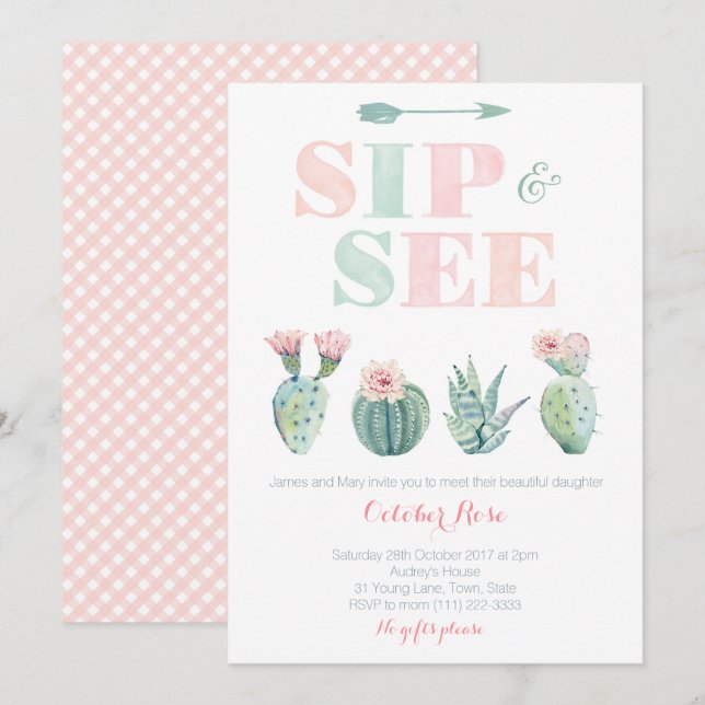 Moderne Sip and See Watercolor Cactus Cards Einladung (Vorne/Hinten)