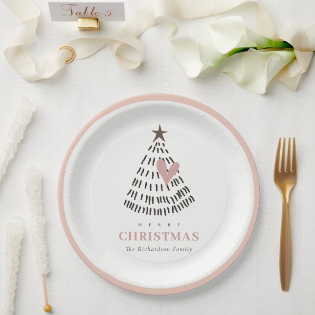 Moderne Skandi-Minimal-Blush-Herz-Weihnachtsbaum Pappteller (Hochzeit)