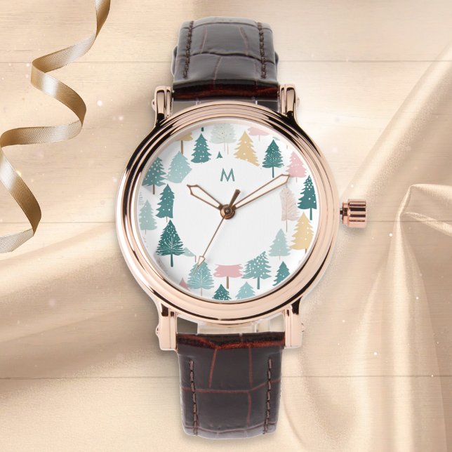 Moderne Skandi-Weihnachtsbaum-Muster-Monogramm Armbanduhr (An elegant monogrammed wristwatch with Scandi-style modern Christmas trees pattern in pastel colors)