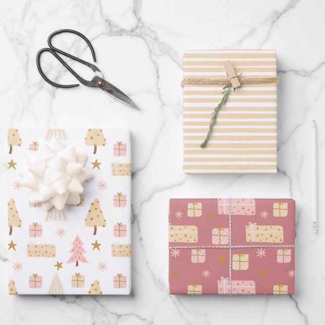 Moderne skandinavische Weihnachtsmuster Beige Pink Geschenkpapier Set (Vorderseite)