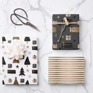 Moderne skandinavische Weihnachtsmuster Gold Black Geschenkpapier Set