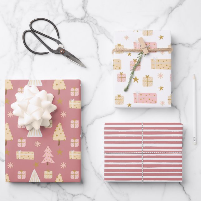 Moderne skandinavische Weihnachtsmuster Pink Beige Geschenkpapier Set (Vorderseite)