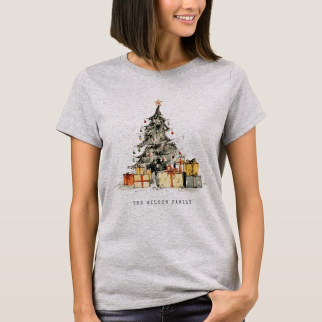 Moderne Sketchy Aquarell Weihnachtsbaumgeschenke T-Shirt (Vorderseite)