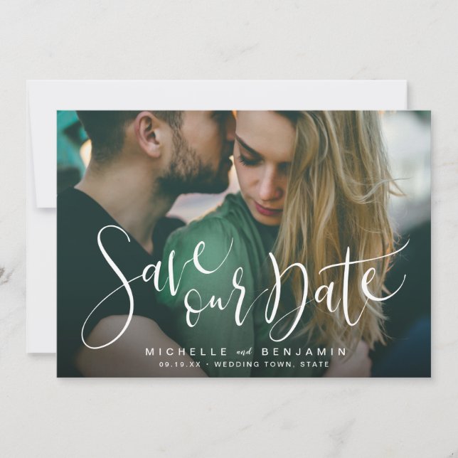 Moderne Skript-Foto Hochzeit speichern das Datum Save The Date (Vorderseite)
