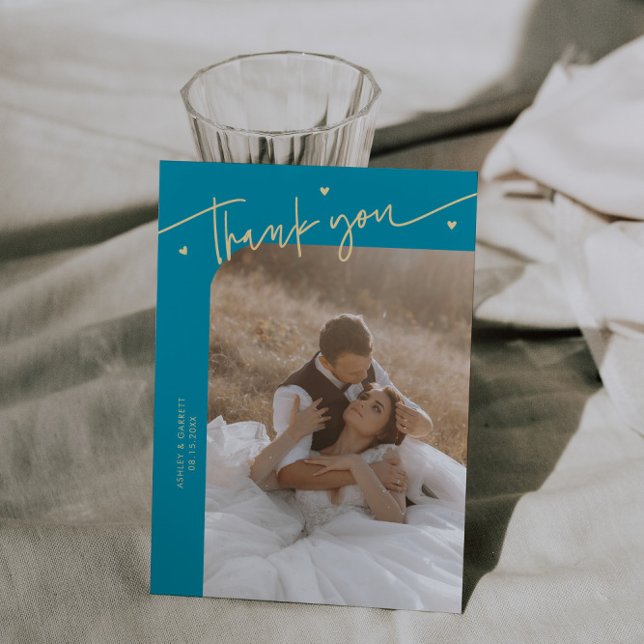 Moderne Skript Herz Aqua Blau Hochzeit  Dankeskarte (Von Creator hochgeladen)