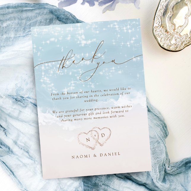 Moderne Skript-Herzen im Sand-Strandhochzeit  Dankeskarte (Modern Script Hearts In The Sand Beach Wedding Thank You Card)