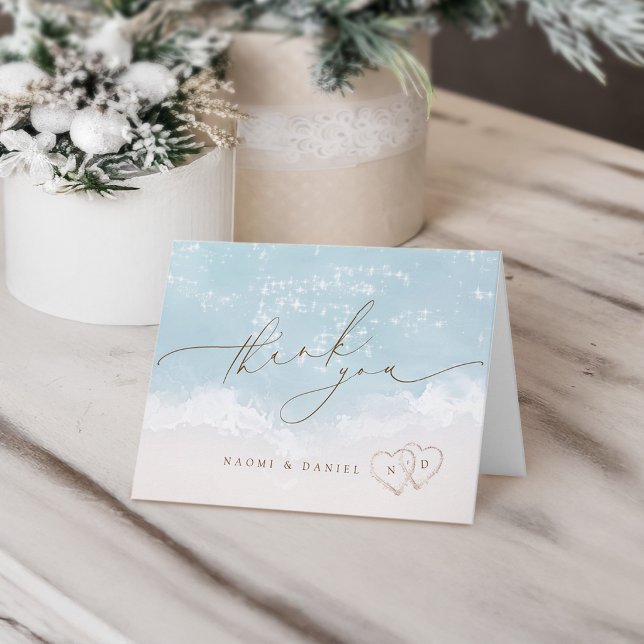 Moderne Skript-Herzen im Sand-Strandhochzeit  Dankeskarte (Modern Script Hearts In The Sand Beach Wedding Letterpress Thank You Card)