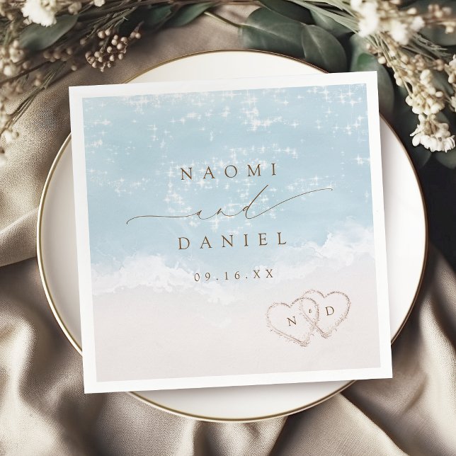 Moderne Skript-Herzen im Sand-Strandhochzeit  Serviette (Modern Script Hearts In The Sand Beach Wedding Napkins)