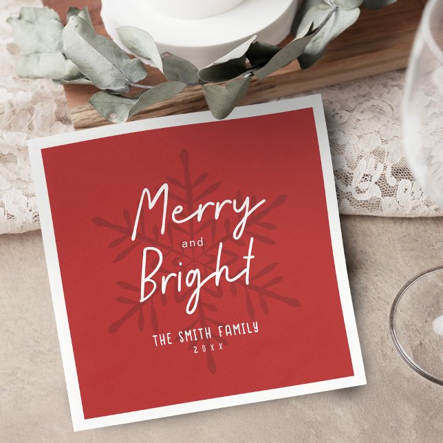 Moderne Skript Merry & Bright Schneeflocken Weihna Serviette (Modern Script Merry & Bright Snowflakes Christmas Napkins)