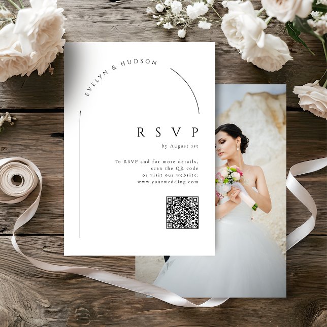 Moderne Skript-Minimal-Foto-Bogen-Hochzeits-QR-Cod RSVP Karte (Modern Script Minimal Photo Arch Wedding QR code RSVP Card)