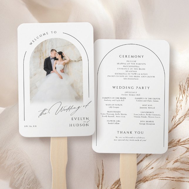 Moderne Skript-Minimal-Foto-Bogen-Hochzeitsprogram Fächer (Modern Script Minimal Photo Arch Wedding Programs Hand Fan)