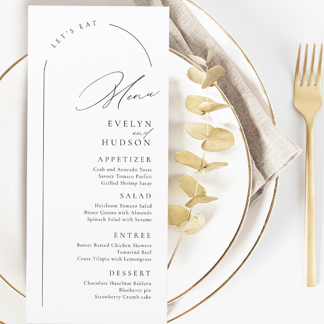 Moderne Skript Minimalistische Bogenhochzeit Menükarte (Modern Script Minimalist Arch Wedding Menu)