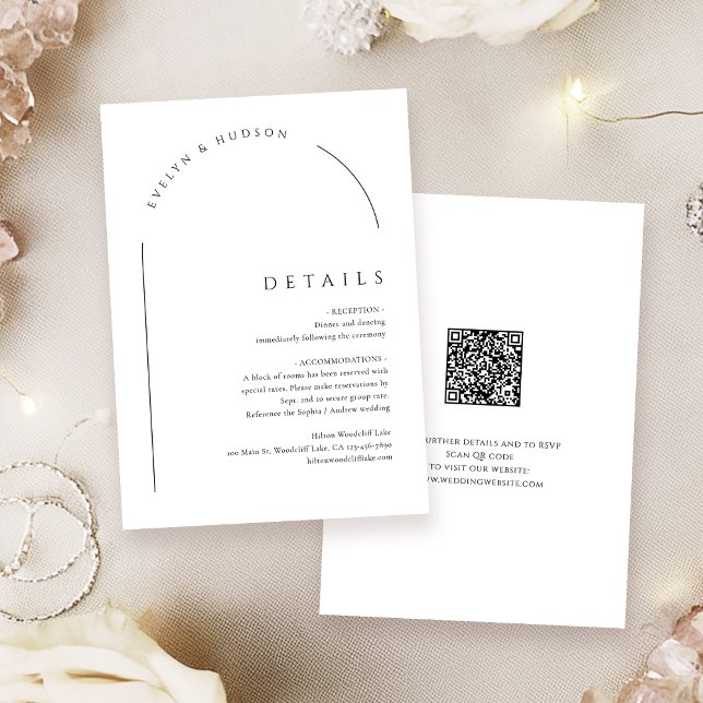 Moderne Skript Minimalistischer Bogen QR-Code Deta Mitteilungskarte (Modern Script Minimalist Arch QR code Details Note Card)