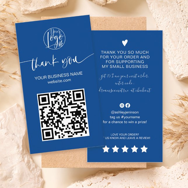 Moderne Skript QR Code Blue Reihenfolge Vielen Dan Visitenkarte (Modern script QR code blue order thank you Business Card)