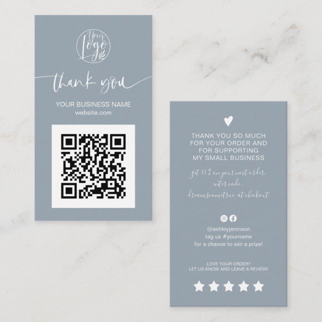 Moderne Skript QR Code dusty Blue Reihenfolge dank Visitenkarte (Vorne/Hinten)