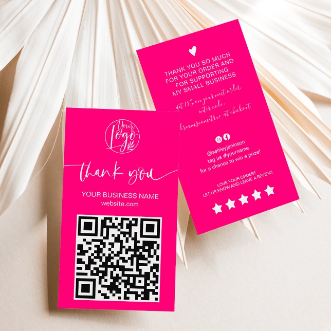 Moderne Skript QR Code neon pink Reihenfolge danke Visitenkarte (Modern script QR code neon pink order thank you Business Card)