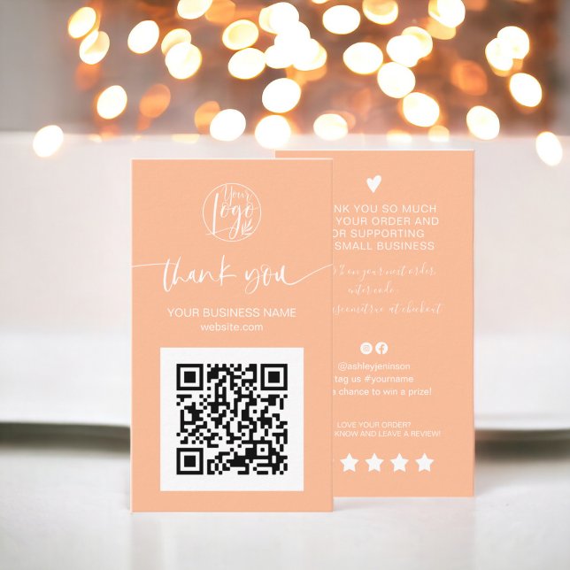 Moderne Skript QR Code peach Bestellung Vielen Dan Visitenkarte (Modern script QR code peach order thank you Business Card)