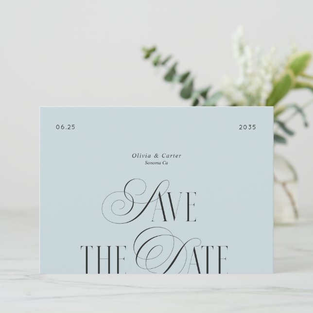 Moderne Skript-Typografie Foto Dusty Blue Save The Date (Stehend Vorderseite)