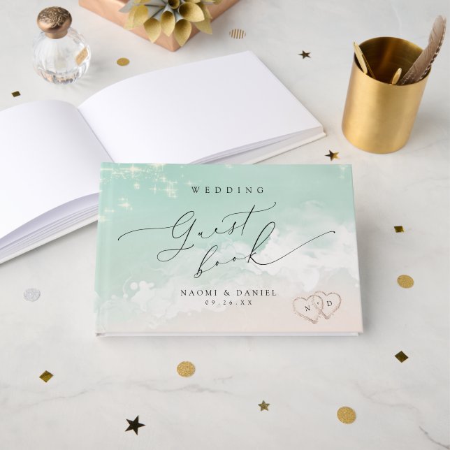 Moderne Skriptanhöre in der Hochzeit am Sandstrand Gästebuch (Vorderseite Offen)