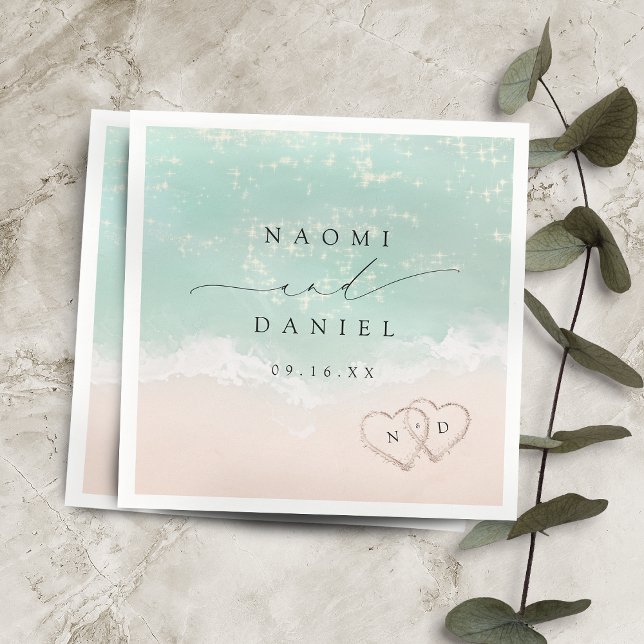 Moderne Skriptanhöre in der Hochzeit am Sandstrand Serviette (Modern Script Hearts In The Sand Beach Wedding Napkins)