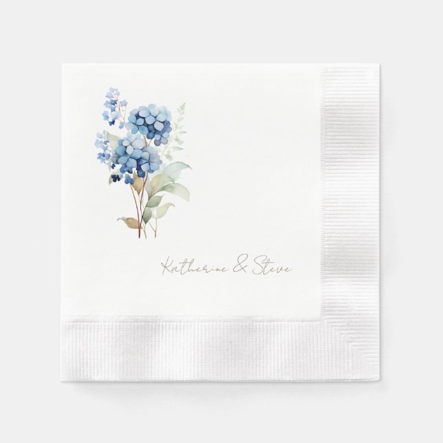 Moderne Skriptbezeichnung Blue Hydrangea Wedding Serviette (Vorderseite)