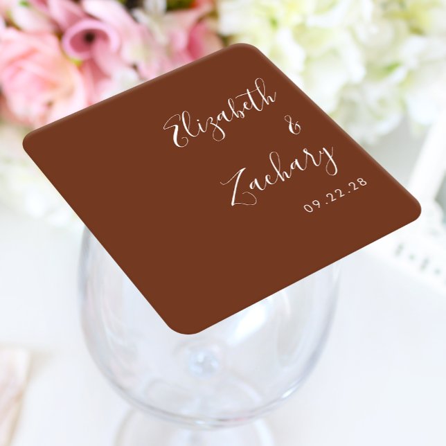 Moderne Skriptcoffee Brown Hochzeit Rechteckiger Pappuntersetzer (Von Creator hochgeladen)