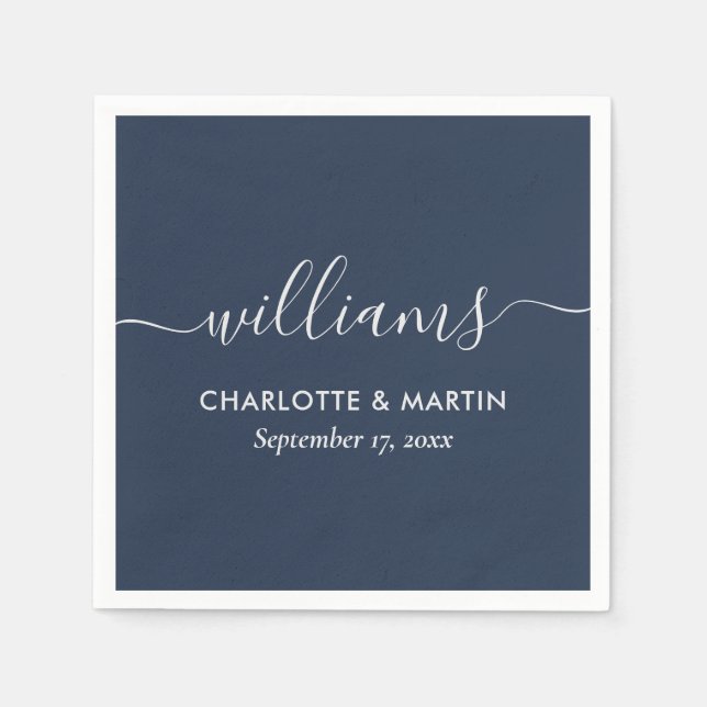 Moderne Skripte Navy Blue und Silver Wedding Serviette (Vorderseite)