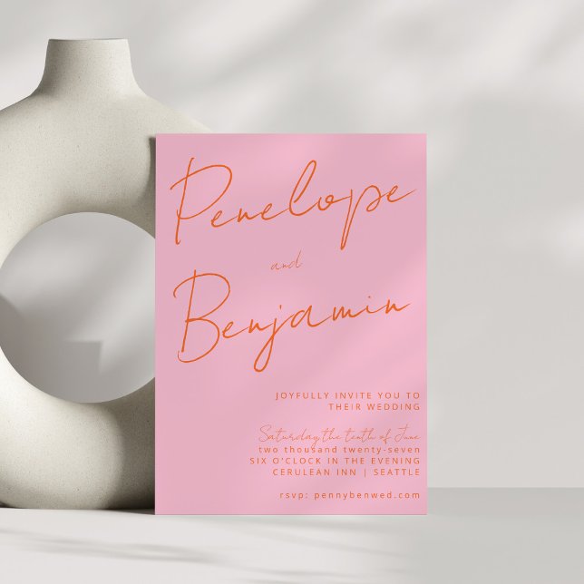 Moderne Skripthandschrift Hochzeitrosa Orange Einladung (Von Creator hochgeladen)