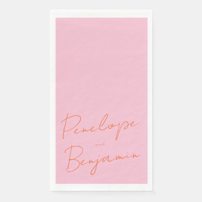 Moderne Skripthandschrift Rosa und orange Hochzeit Serviette (Vorderseite)