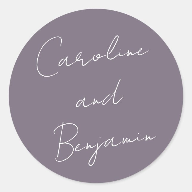 Moderne Skripthandwriting Wedding Dusty Lila Runder Aufkleber (Vorderseite)