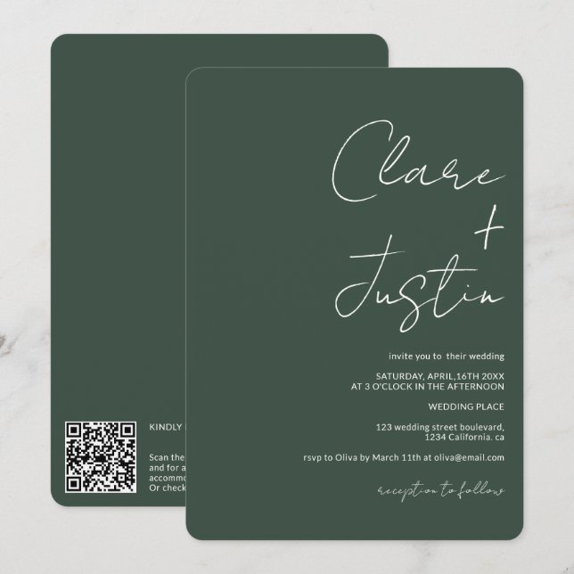 Moderne Skriptnamen Grün qr Code Hochzeit Einladung (Vorne/Hinten)