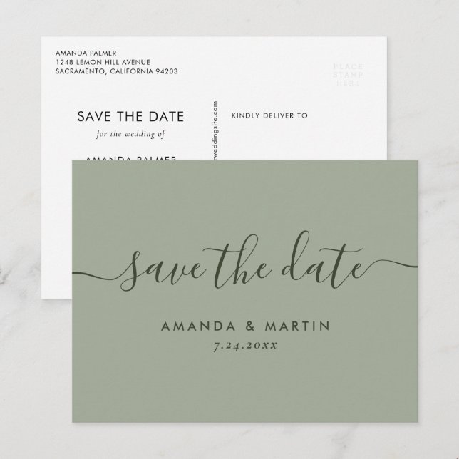 Moderne Skriptsprache Grüne Hochzeit speichern das Ankündigungspostkarte (Vorne/Hinten)