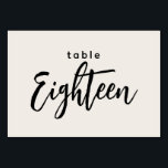 Moderne Skripttabelle 18 Achtzehn Off-White Weddin Tischnummer<br><div class="desc">Moderne Script Table Achtzehn Off-White Hochzeit oder Dinner Party Tischnummer. Der 18 wird in einem schicken, handgeschriebenen Schriftart geschrieben. Die Hintergrundfarbe dieser Tischnummer ist farbeditierbar, klicken Sie einfach auf die Schaltfläche Weitere Farben anpassen, um eine beliebige Farbe auszuwählen. Ein stilvolles, aber einfaches Design in schwarz und cremefarben oder einer beliebigen...</div>