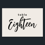 Moderne Skripttabelle 18 Achtzehn Off-White Weddin Tischnummer<br><div class="desc">Moderne Script Table Achtzehn Off-White Hochzeit oder Dinner Party Tischnummer. Der 18 wird in einem schicken, handgeschriebenen Schriftart geschrieben. Die Hintergrundfarbe dieser Tischnummer ist farbeditierbar, klicken Sie einfach auf die Schaltfläche Weitere Farben anpassen, um eine beliebige Farbe auszuwählen. Ein stilvolles, aber einfaches Design in schwarz und cremefarben oder einer beliebigen...</div>