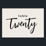 Moderne Skripttabelle 20 Offene weiße Hochzeit Tischnummer<br><div class="desc">Moderner Schreibtisch Zwanzig Off-White Hochzeit oder Abendessen Party Tischnummer. Zwanzig davon sind in einem schicken Schriftart mit angesagten Buchstaben geschrieben. Die Hintergrundfarbe dieser Tischnummer ist farbeditierbar, klicken Sie einfach auf die Schaltfläche Weitere Farben anpassen, um eine beliebige Farbe auszuwählen. Ein stilvolles, aber einfaches Design in schwarz und cremefarben oder einer...</div>