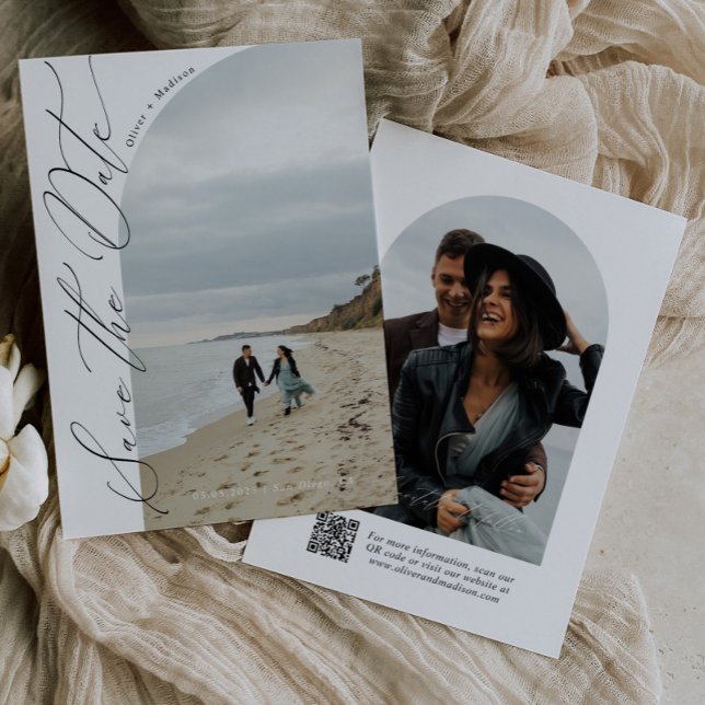 Moderne Skripttypografie | QR-Code Foto mit halbem Save The Date (Von Creator hochgeladen)