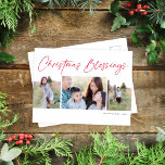 Moderne Skriptweihnachtsstimmung Drei Foto Feiertagspostkarte<br><div class="desc">Dieses schöne Foto Postkarte bietet drei Fotos und den Gruß "Weihnachts-Segnungen". Das Design ist einfach, aber elegant. Dieses Design umfasst zwei senkrechte und ein waagerechtes Foto. Auf der Rückseite finden Sie viel Platz, um Ihre persönliche Begrüßung und die Adresse des Empfängers zu schreiben. Postkarten sind eine wunderbare Möglichkeit, die Kosten...</div>