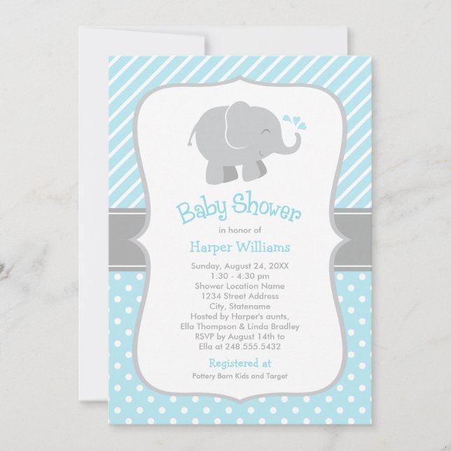 Moderne Sky Blue und Graue Elephant Boy Baby Dusch Einladung (Vorderseite)
