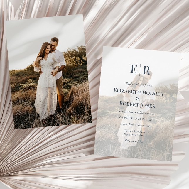 Moderne Slate Blue Monogram Custom Foto Wedding Einladung (Modern Slate Blue Monogram Custom Photo Wedding Invitation on a sunny white dry palm leaf.)